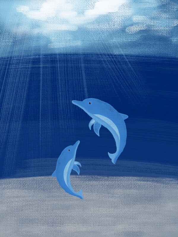 纯原创手绘水彩海洋海豚蓝色背景