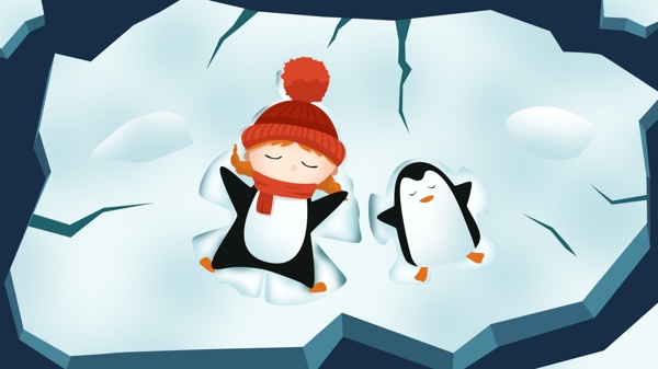 冰块上的企鹅和小孩