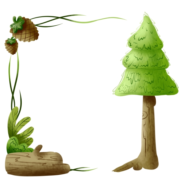 商用手绘插画植物边框森林松树小清新素材