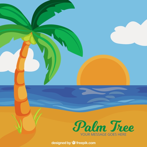 手绘沙滩棕榈树夕阳背景