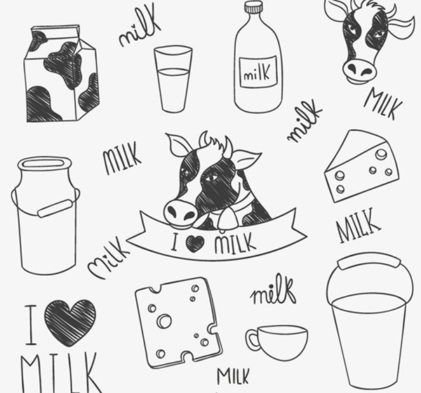 手绘奶牛与牛奶制品