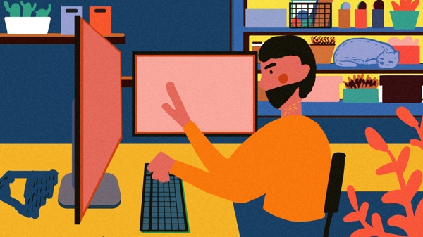 彩色办公室里电脑办公的的男人卡通元素