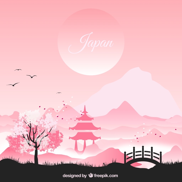 日式风格粉色风景插画