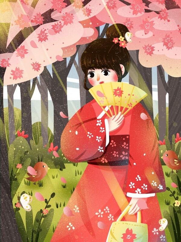 樱花节樱花树日本和服可爱温馨唯美治愈插画