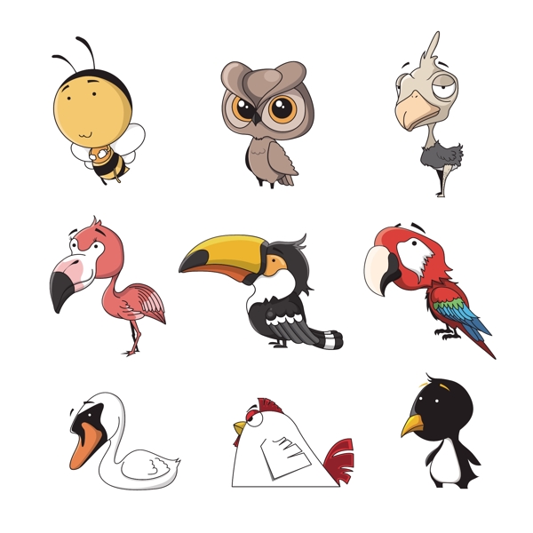 各种鸟类的手绘卡通图