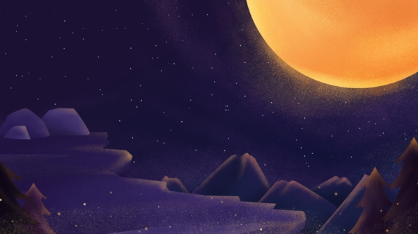梦幻手绘夜空下的山顶插画背景