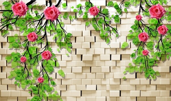 3D砖墙蔷薇玫瑰