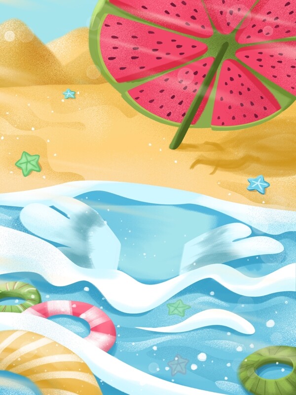 手绘夏季海滩西瓜背景设计