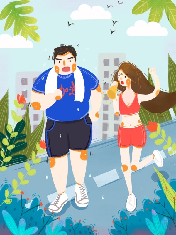 燃烧卡路里胖子公园跑步女孩加油健身插画