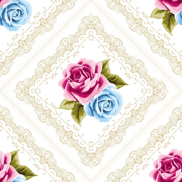 粉色蓝色花朵复古拼接玫瑰花蕾丝矢量背景