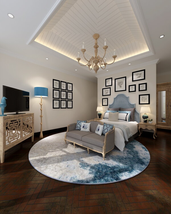 美式清新卧室圆形渐变色地毯室内装修效果图