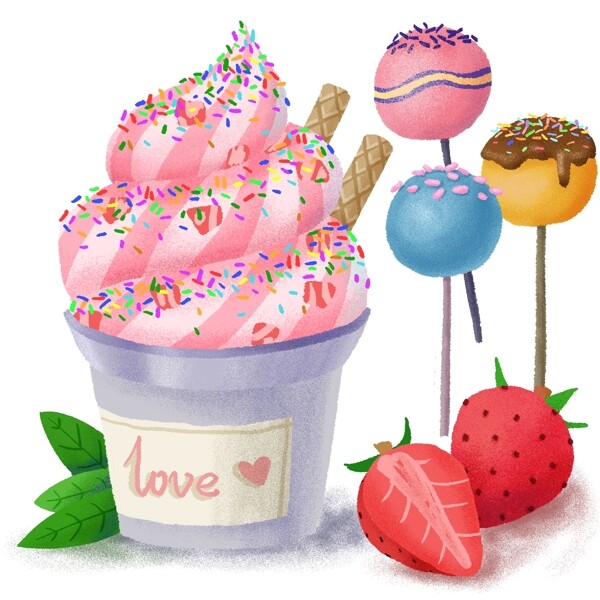 手绘夏日清凉冰淇淋草莓棒棒糖单独分层