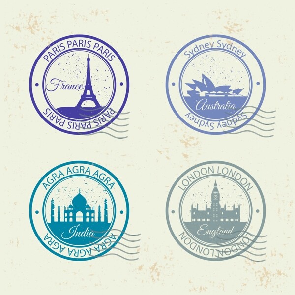 四套不同城市的圆邮戳