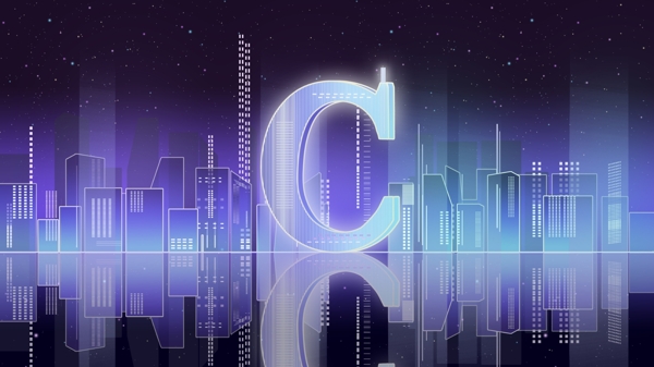 字母邂逅C渐变城市夜景大气科技蓝插画海报