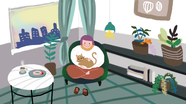 居家生活撸猫日常插画