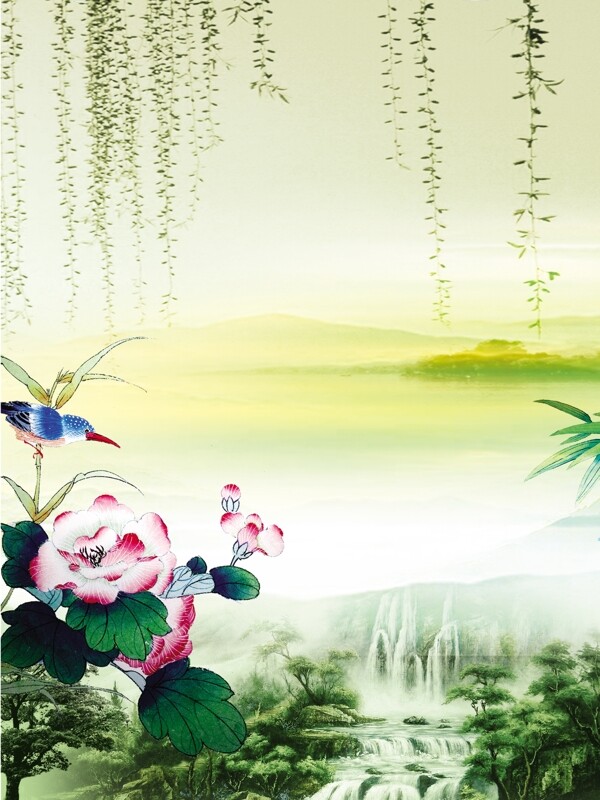 花鸟山水分层背景图片