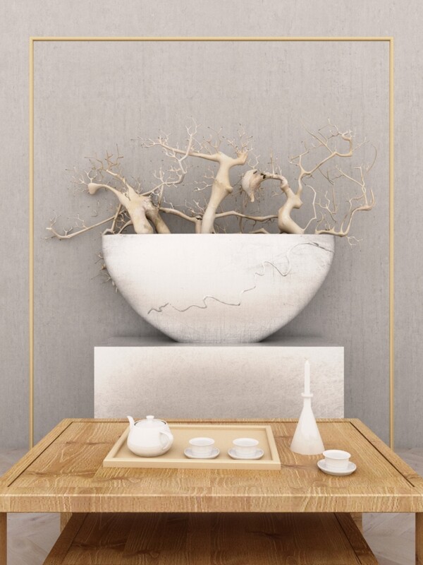 原创写实清新古典茶道文化边框3D创意背景