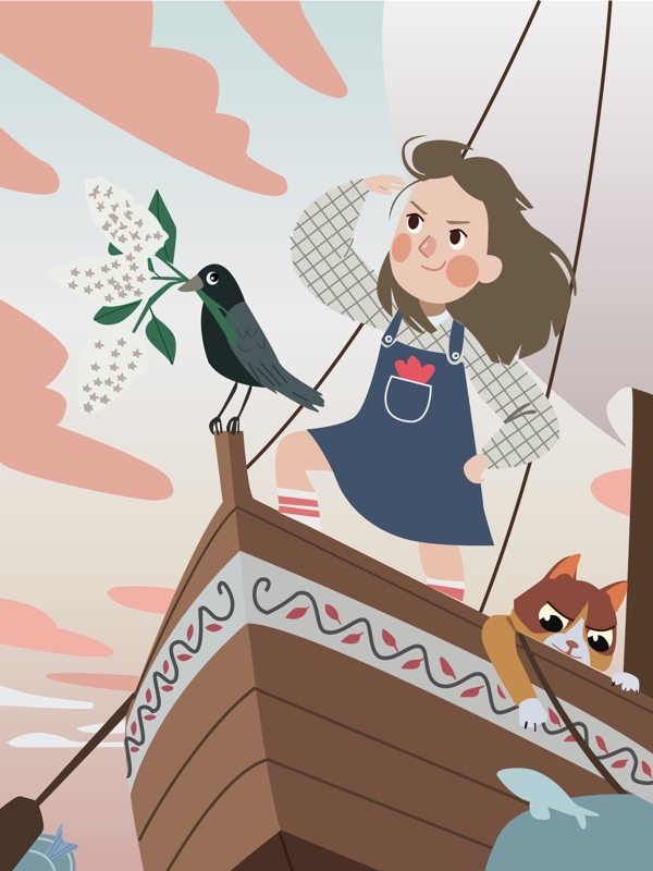 六月幻想女孩航海梦想的插画