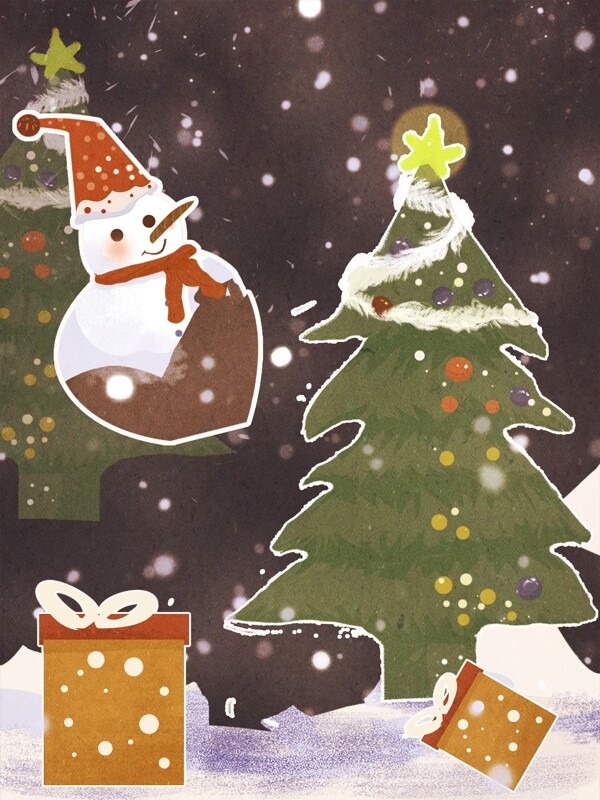 手绘圣诞树雪人背景设计