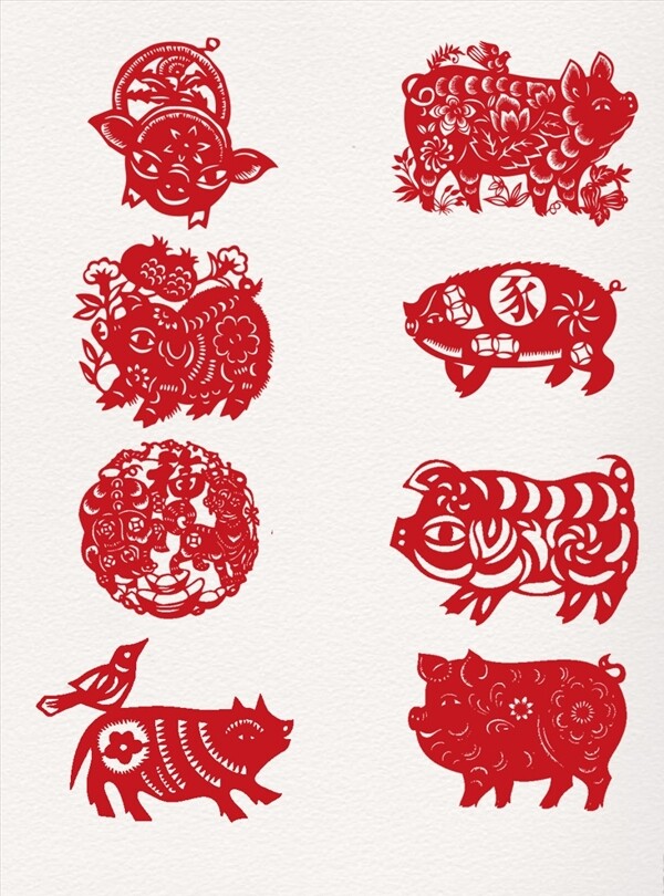 红色猪年剪纸PNG图片新年喜庆