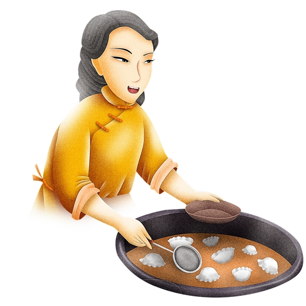 手绘煮饺子的中年妇女人物设计