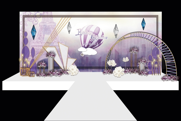 紫色浪漫巴黎铁塔热气球舞台效果图