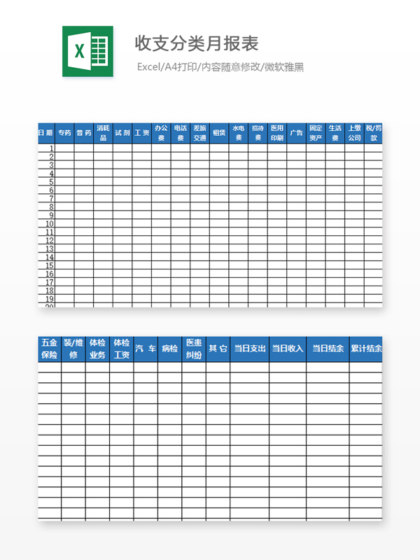 收支分类月报表Excel模板