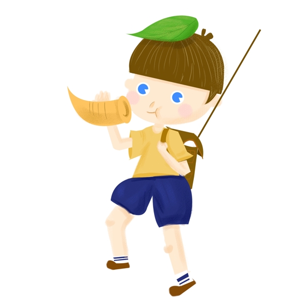 卡通可爱一边吃面包一边走路的小男孩