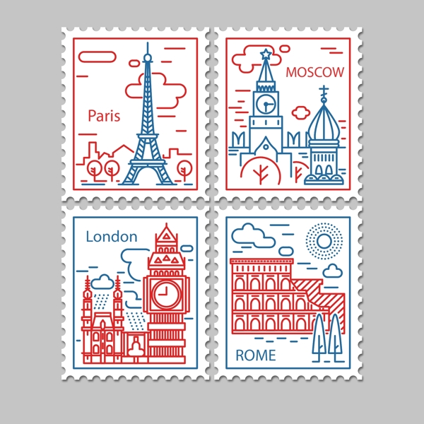 四款世界名城的邮票
