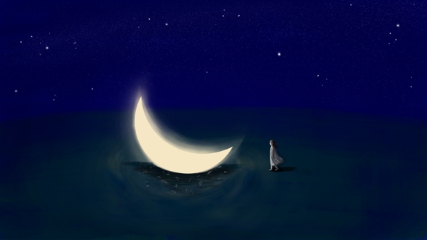 晚安月亮小女孩摘月梦幻治愈手绘插画
