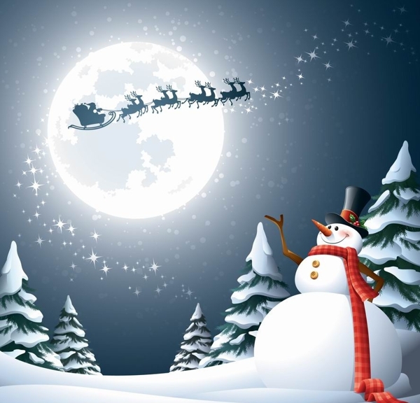 圆月夜雪人圣诞背景图片
