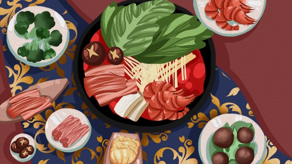 吃火锅复古华丽肌理菜品商业插画