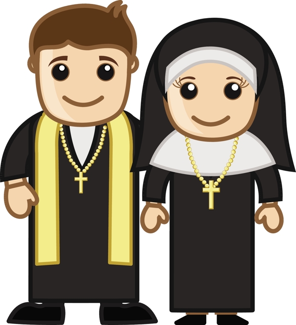 神父和修女矢量字符的卡通插画
