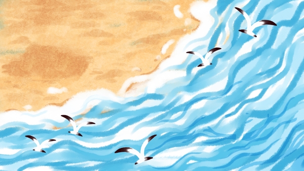 清凉夏日海边海浪海鸥彩绘插画背景