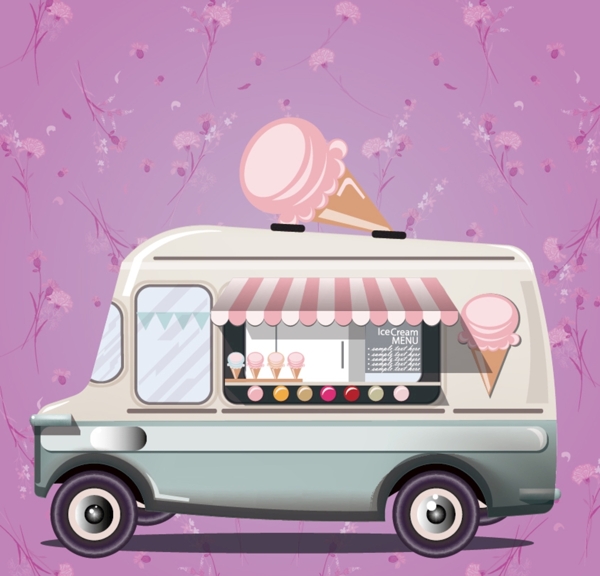 野花顠背景冰淇淋卡车