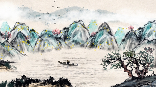 唯美复古中国水墨画山水画插画