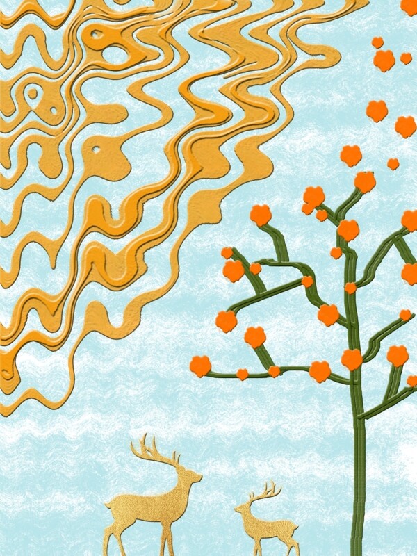 手绘抽象果树母子鹿装饰画