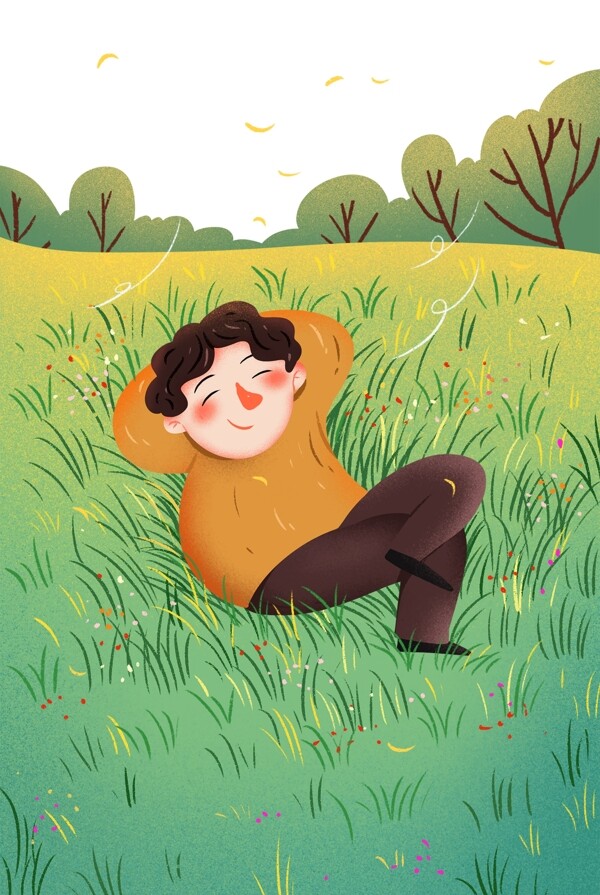 春天躺在草地的小男孩背景