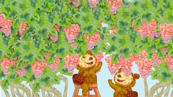儿童手绘小清新摘葡萄得小熊插画