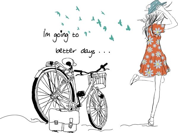 手绘自行车和少女插画