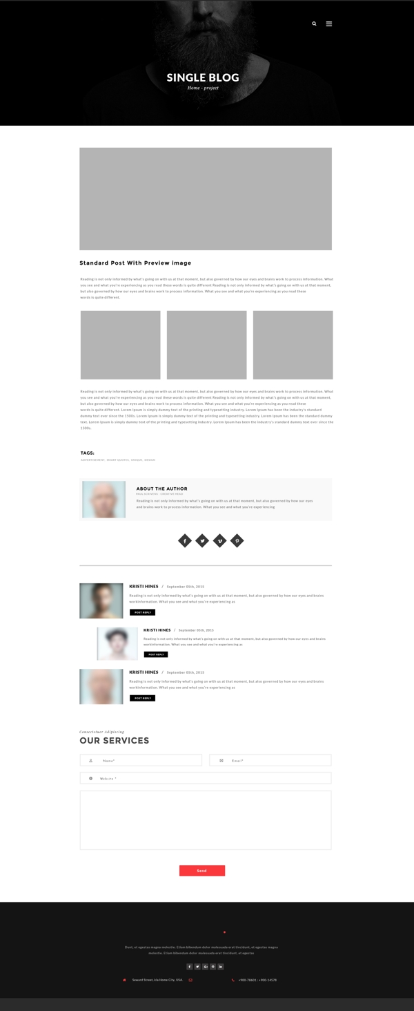 黑白灰极简单人博客页面网页设计PSD素材