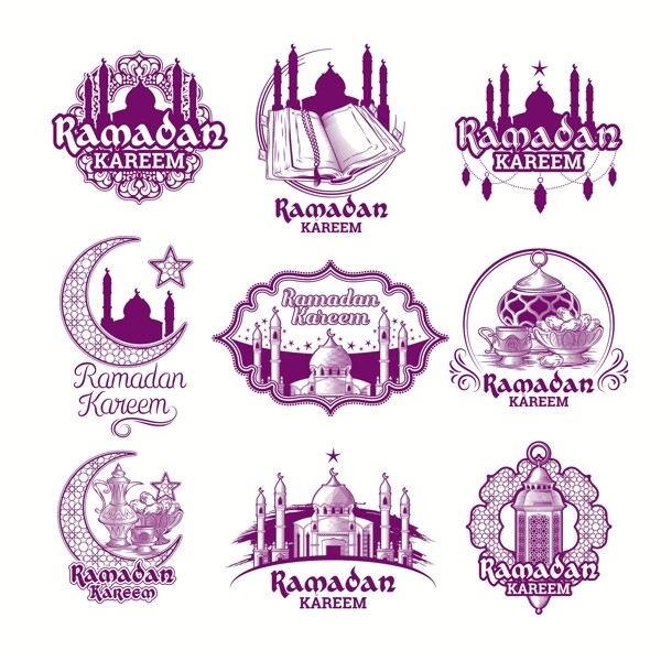 设置矢量紫色插图标志RamadanKareem与灯笼清真寺的塔新月