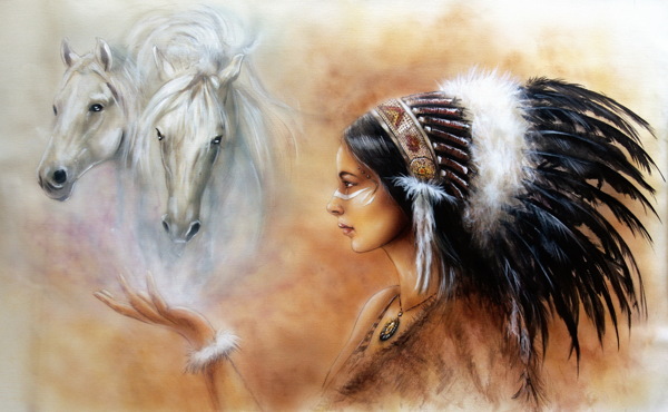 印第安美女与骏马插画