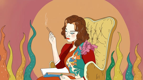 民国旗袍看书抽烟女人