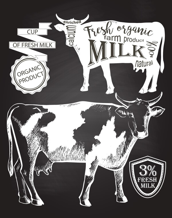 黑白手绘牛奶插画