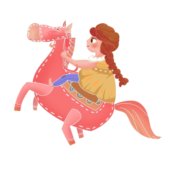 手绘可爱骑着木马的女孩子