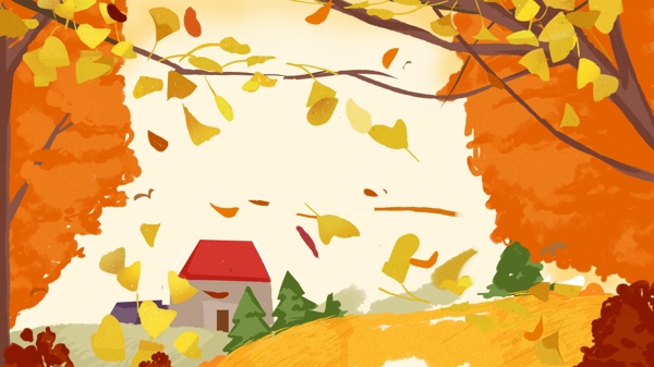 黄色树木小房子卡通背景