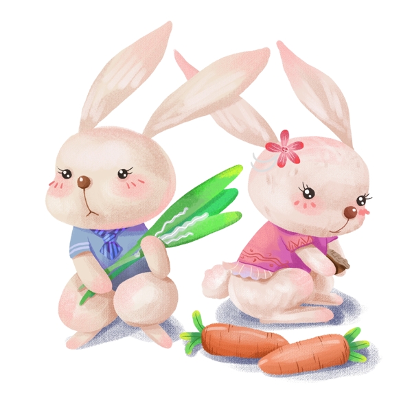 手绘可爱卡通动物白色兔子胡萝卜
