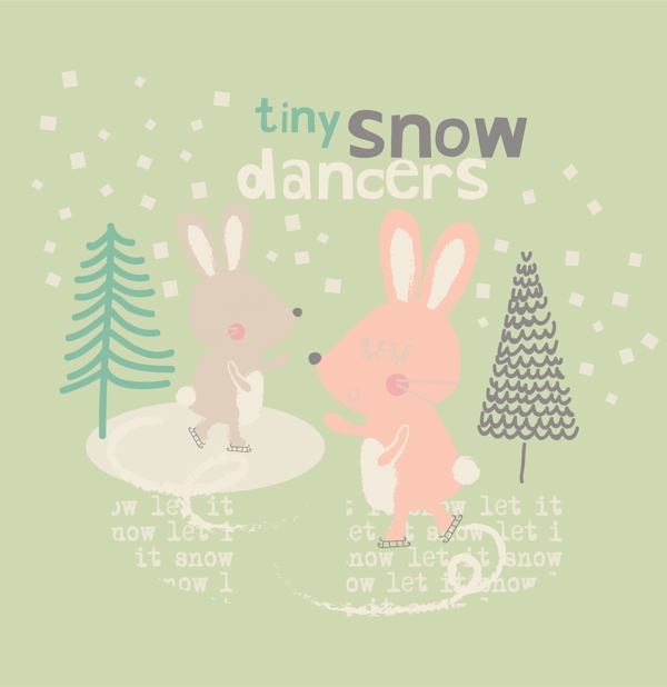 雪地里玩耍的兔子可爱下雪主题服装图案矢量