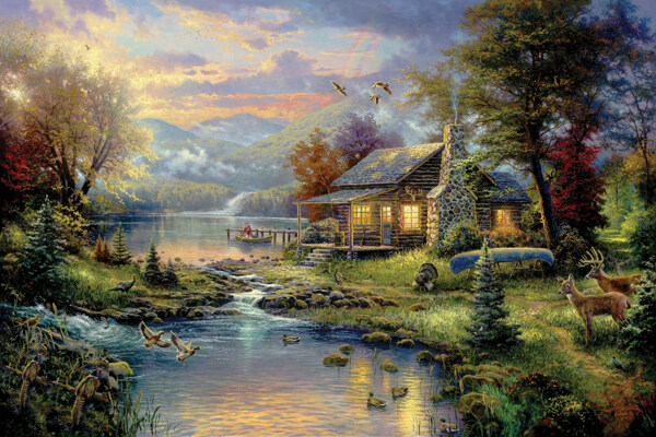 美丽的湖边风景油画